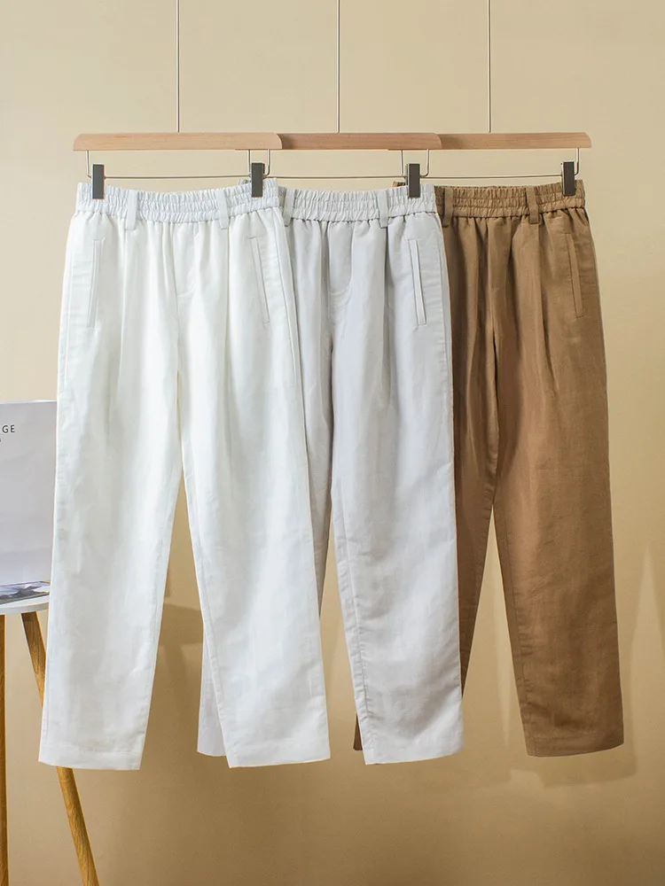 

Women's Cotton Linen Blended Trousers Beaded Elastic Waist Straight Loose Ladies Long Pants