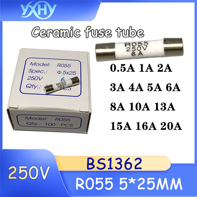 100pcs/box Ceramic fuse tube 250V BS1362 fuse core R055 5*25mm 0.5A1A3A6A8A10A16A20A