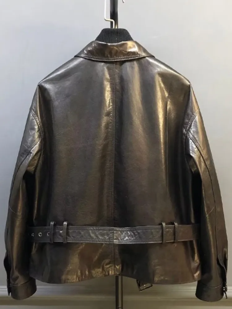 Britse stijl vierkante hals effen kleur lederen jas losse schapenvacht met lange mouwen enkele rij knopen zak sjerpen damesjas
