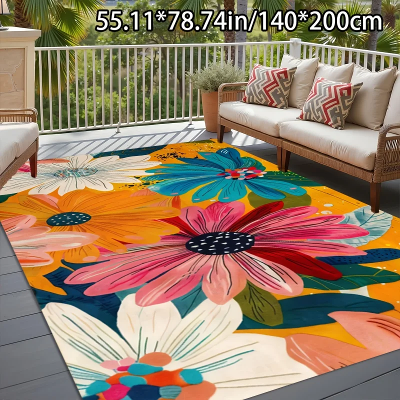VIKAMA Flower Rectangular Outdoor Rug, Machine Washable, Non-Slip Entrance Doormat, Patio and Courtyard Carpet Home Decor