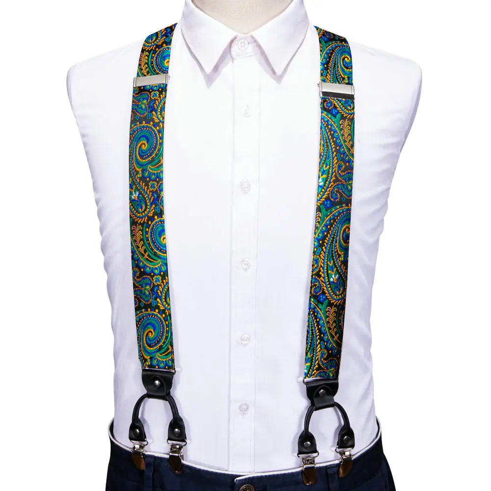 Fashion Paisley Green Silk Men Suspender Bowtie Handkerchief Cufflinks Set Y-Shape 6 Clips Party Wedding Business Barry.Wang