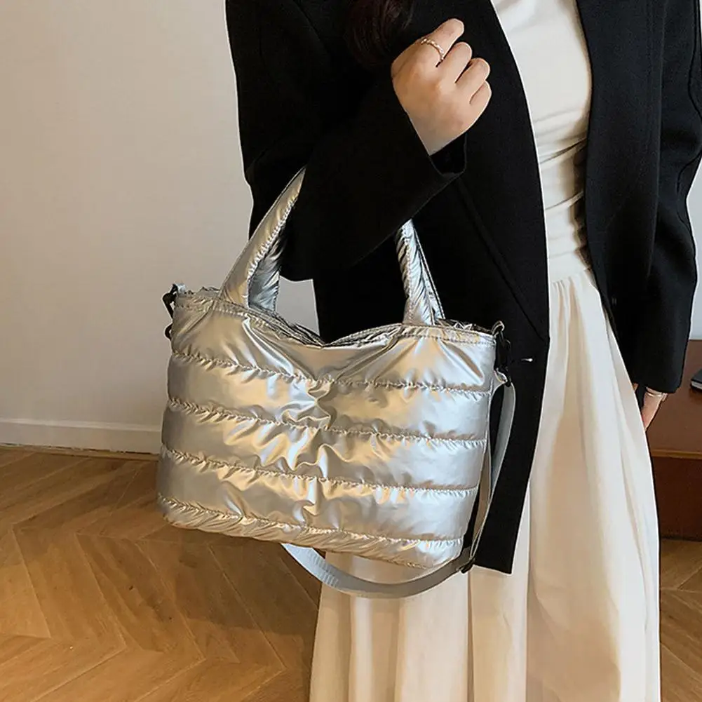 Fashion Solid Color Shoulder Bags Large Capacity Down Cotton Padded Women Handbags Underarm Bags Women Girls - view 5