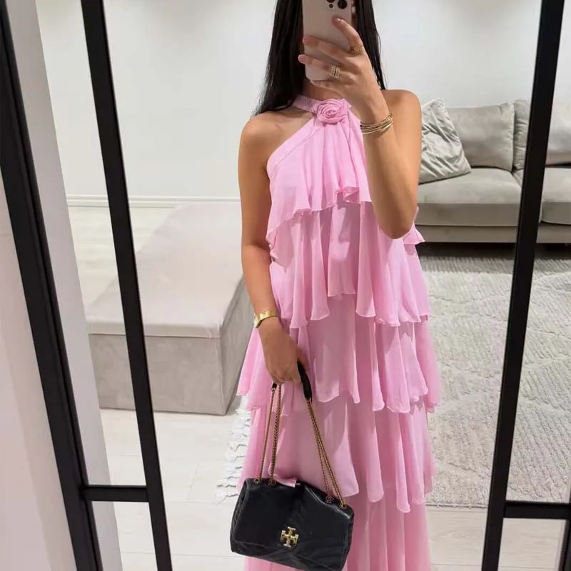 

YENKYE 3D Flower Layered Ruffles Chiffon Long Dress Women Sexy Backless Sleeveless Summer Elegant Party Maxi Vestidos Holiday