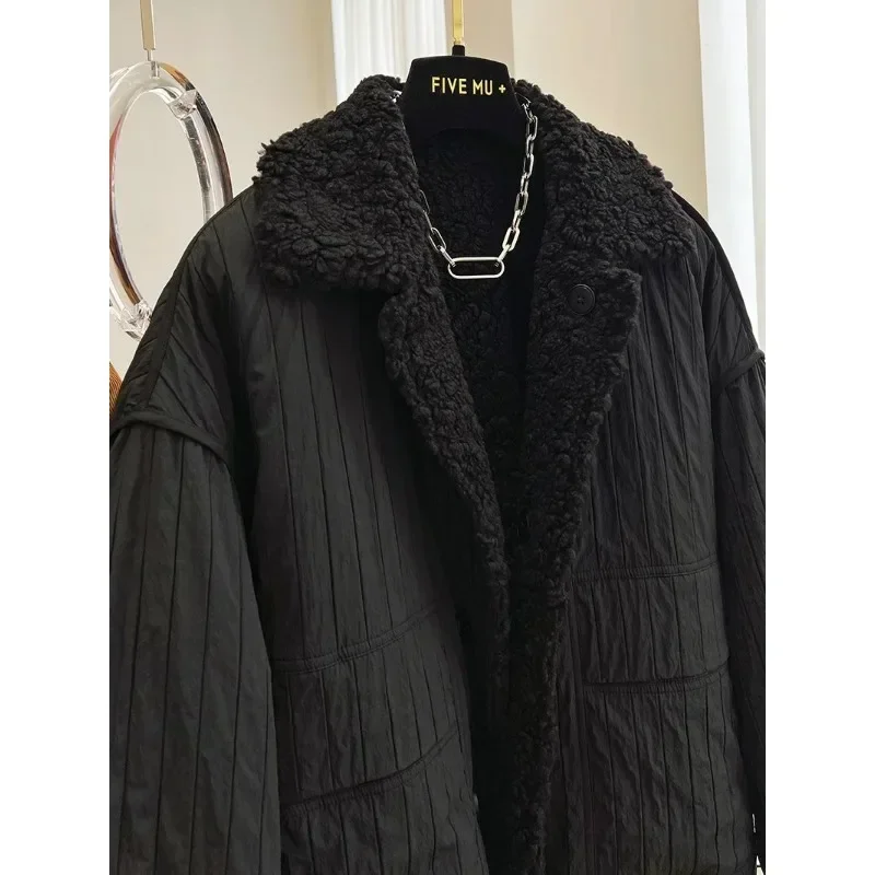 Jacket for Women Sherpa High-end Loose Thickened Warm Reversible Cotton Jacket Casual Versatile Street Style College Style