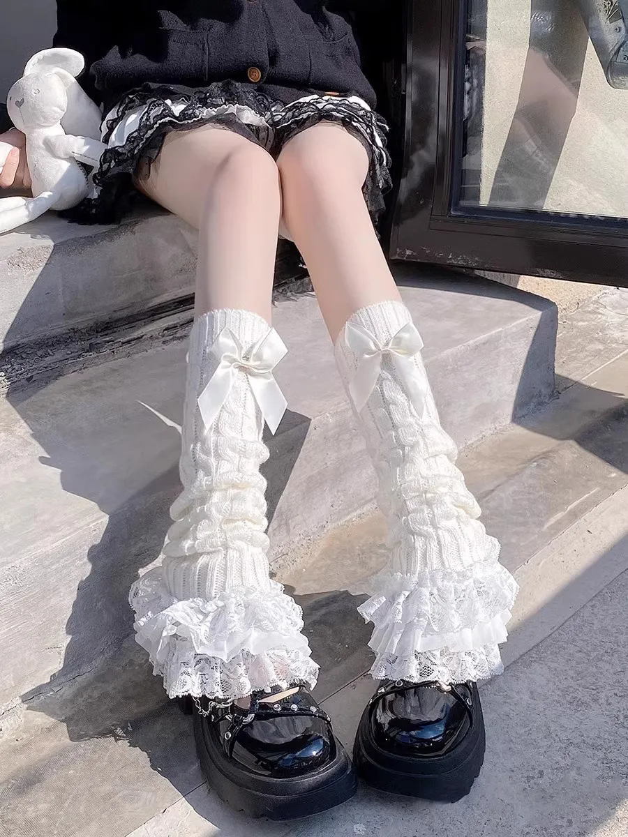 

Lolita Lace Calf Socks Women's Japanese Cute Bow Pile Socks JK Medium Tube Skinny Leg Cover