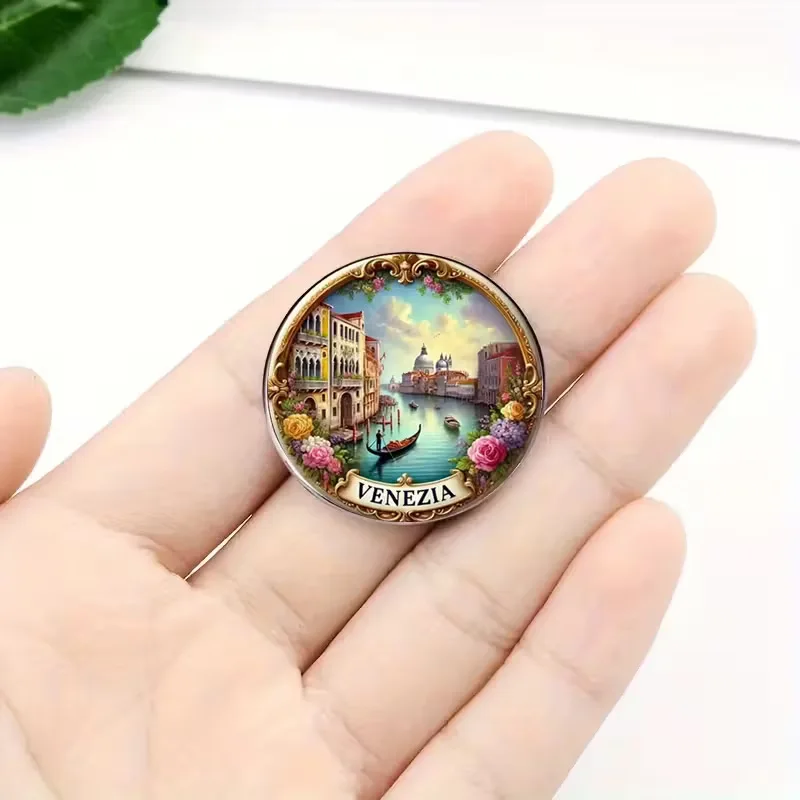 Italian Venice Brooch Exquisite Vintage Canal Art Pin Rose Flower Gold Frame Charm Statement Jewelry Women Clothing Accessories
