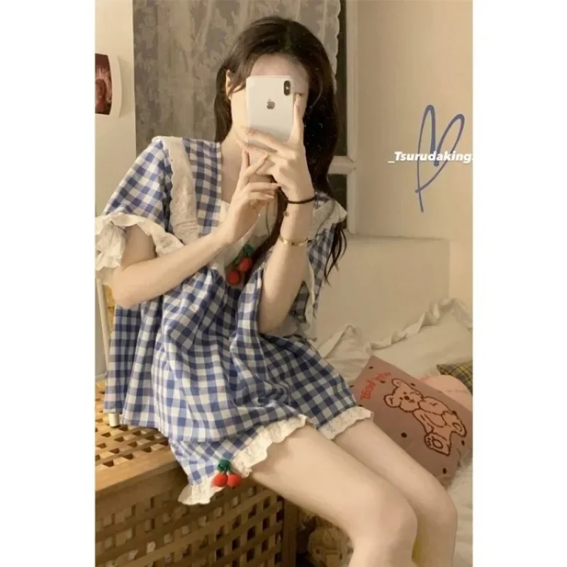 Plaid Sleepwear Women Pajama Sets Teenage Girls Pijama Shorts Suit Home Summer Korean Lace Night Wear for Sleeping 2 Pieces New