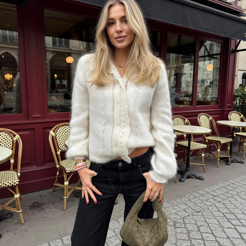 

Tornova 2025 Autumn New Sweater Lace Cardigan Loose Long Sleeve Hollow Knitted Coat Casual Single Breasted Solid Female Cardigan