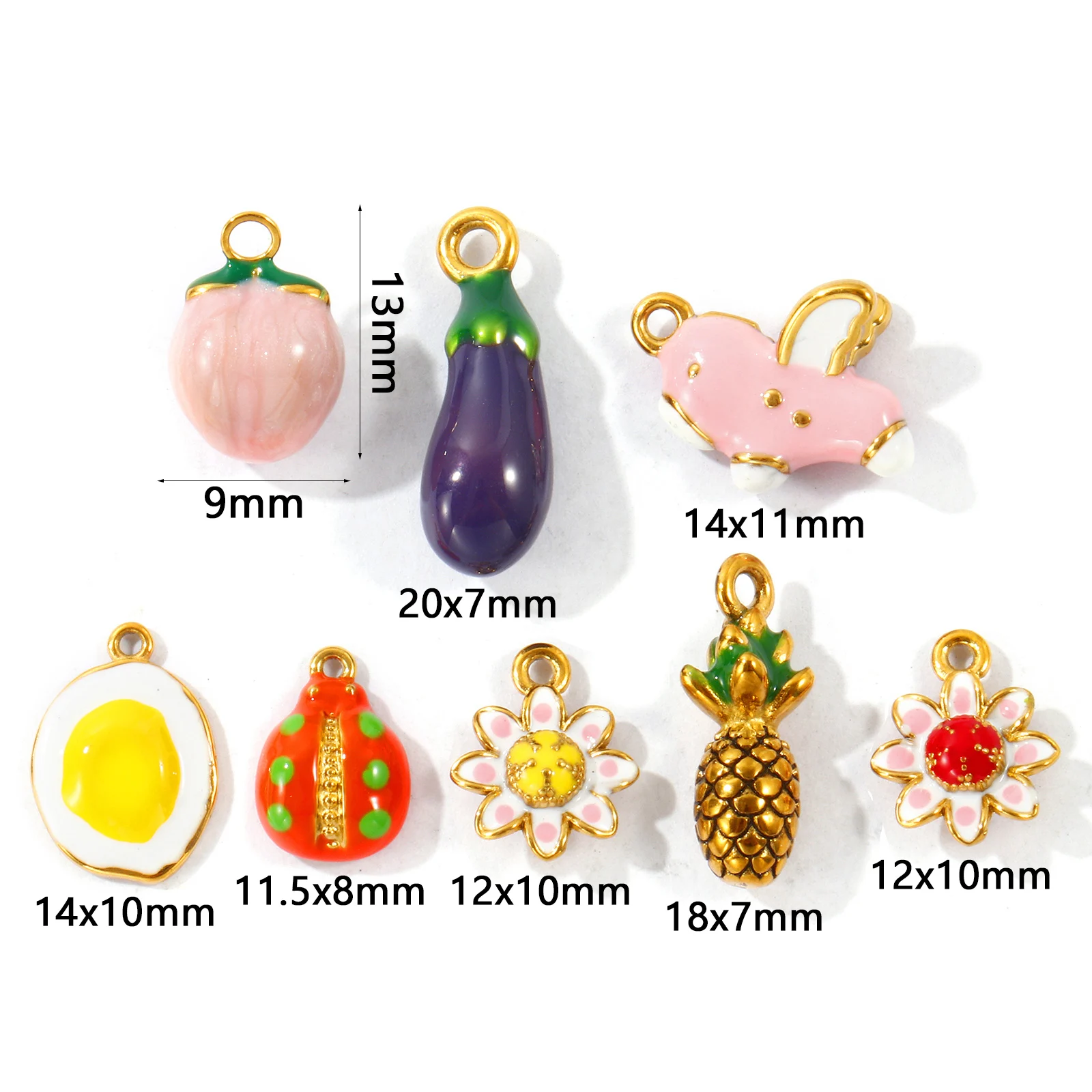 1pc Gold Plated 3D Enamel Charm Multicolor Pineapple Peach Ladybug Stainless Steel Pendant with Loop DIY Jewelry Making Necklace