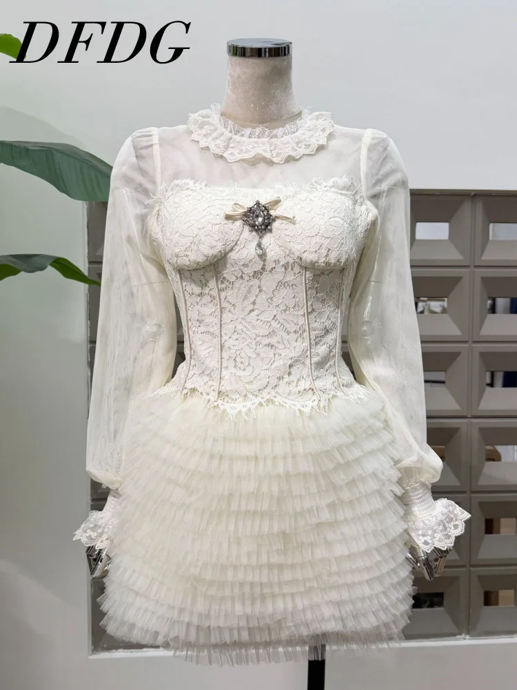 

DFDG Women's 2025 Spring Summer Elegant Simple Bow Lace Set Padded Chiffon Top Tulle Ruffle Cake Skirt Beige Outfit Set