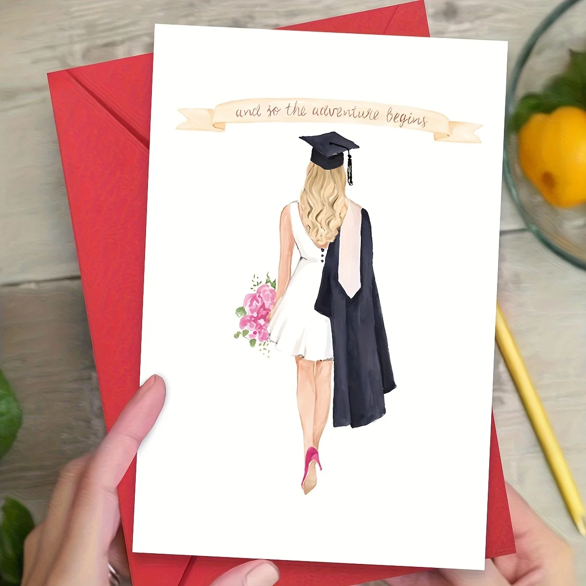 Elegant Watercolor Graduation Card - Girl in Dress and Flowers and "Adventure Journey" Banner - Perfect Graduation Gift - view 5