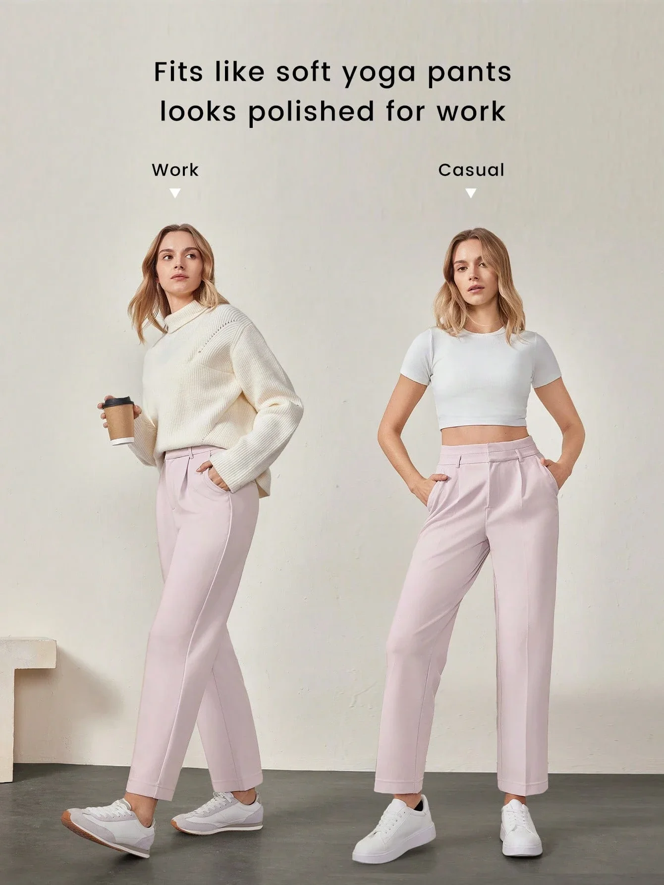 Wrinkle-Resistant Stretchy Pull-On High-Waist Tapered Work Pants With Side Pockets Casual Daily