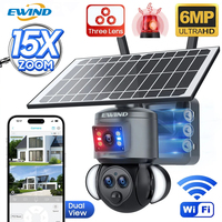 6MP Three Lens Dual View PTZ Outdoor Night Vision 4G Solar Power Security IP Camera 6MP 15X Zoom Solar Battery CCTV Camera