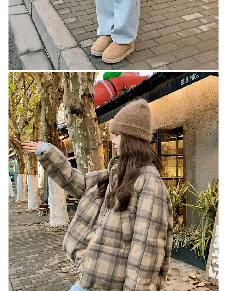 Retro Plaid Short Padded Jacket for Women Autumn Winter Maillard Style Thick Warm Outerwear Female Casual Korean Puffer Jackets
