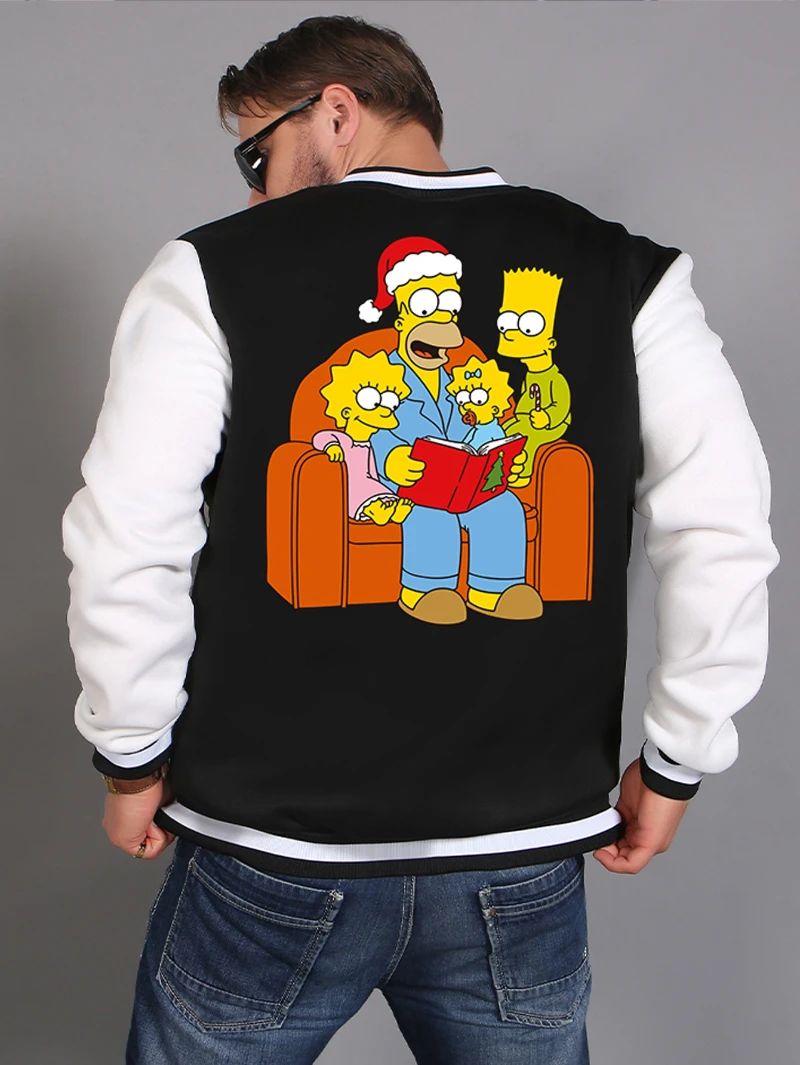 

The Simpsons Men's Baseball Jacket "Christmas Family Reading" Printed Pattern Men's Casual Color-blocking Baseball Jacket Jacket