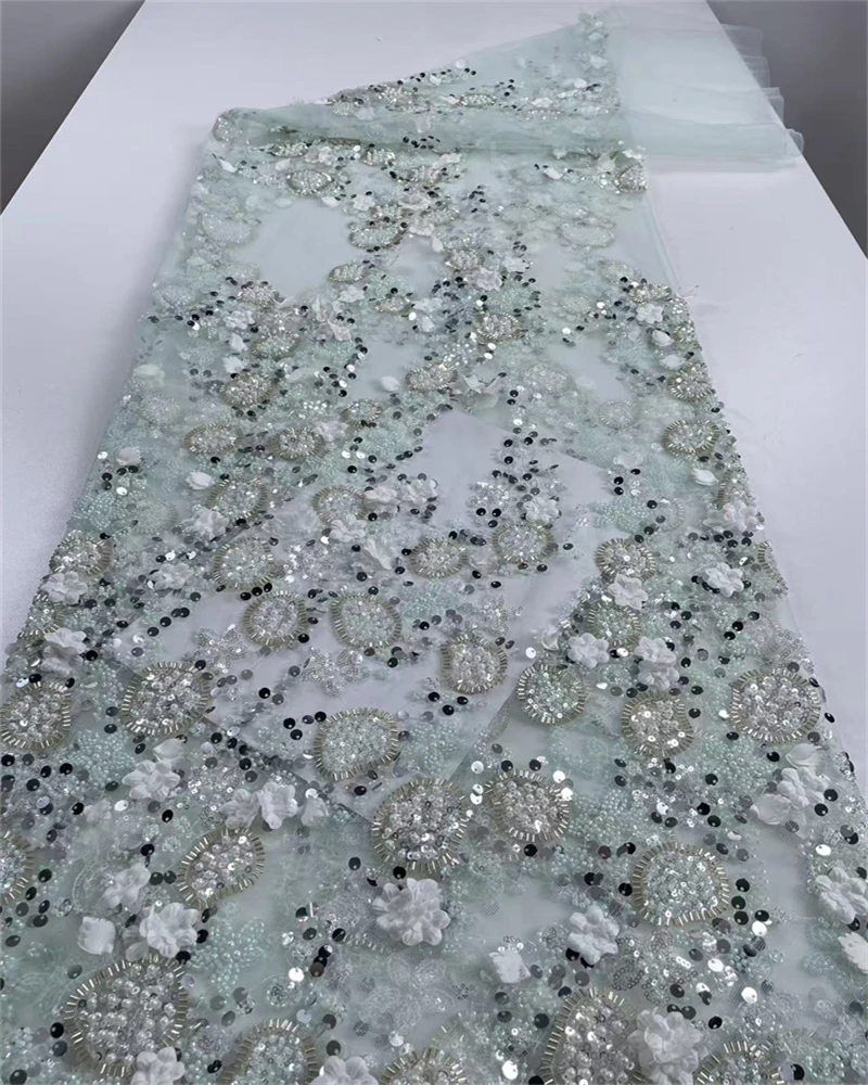 Alta qualidade africano francês tule tecido de renda lantejoulas bordado frisado para casamento nigeriano noivo