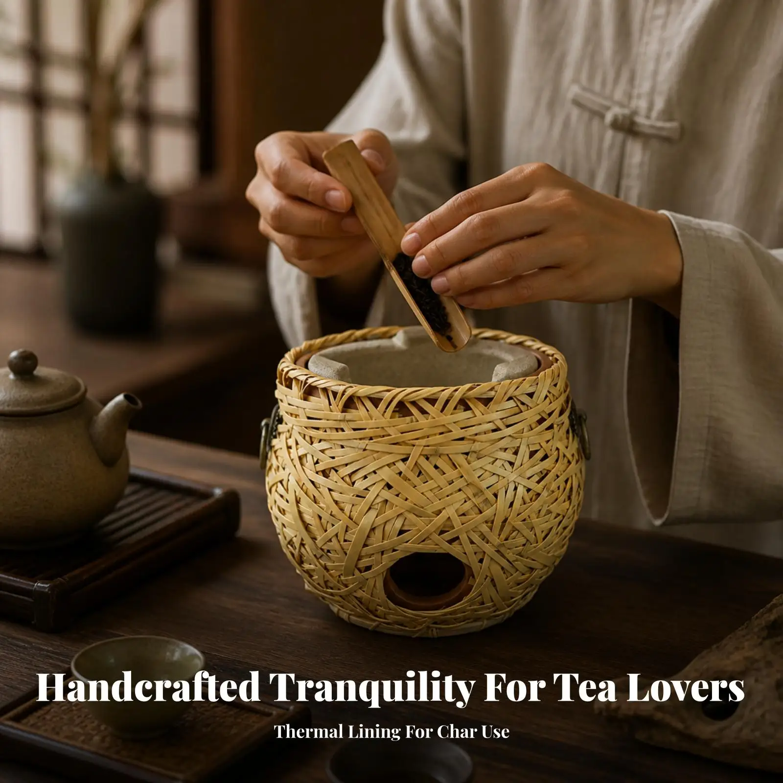 Handmade Indoor Tea Hearth Brazier Open Ventilation Design, Bamboo-Woven ember Brazier