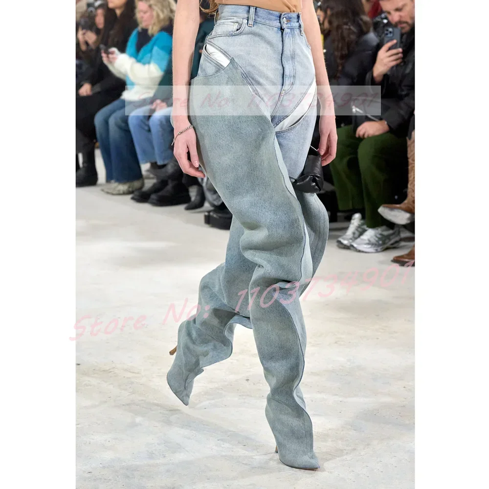 Baggy Denim Slip-On Crotch Boots Women Fashion Novelty Pleated Pointed Toe Thin High Heels Boots Lady Party Street-Chic Footwear