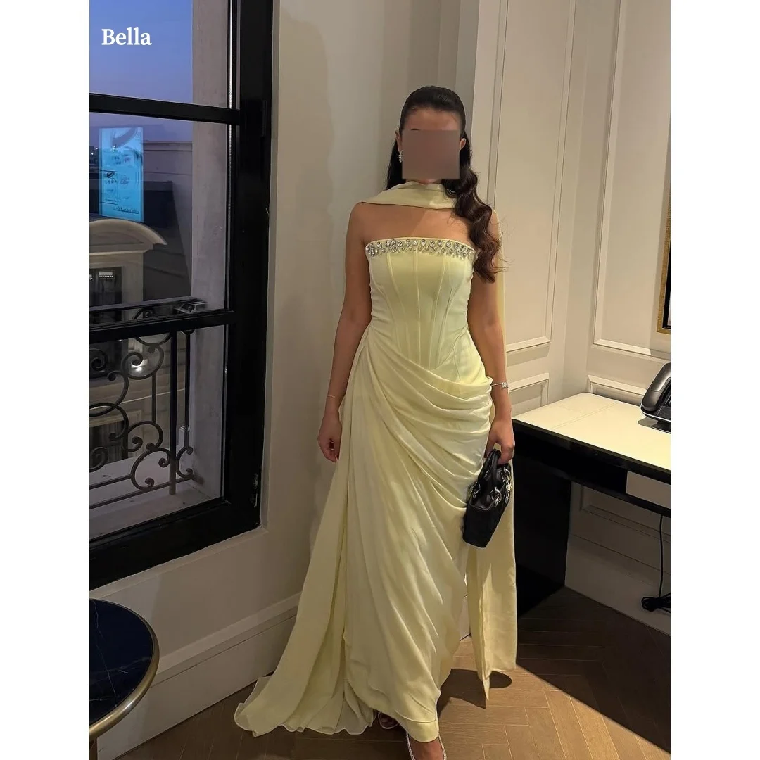 

Bella Customized Lemon Yellow Strapless Beaded Prom Dress Draped Satin Side Slit Party Dresses Formal Evening robes de soirée