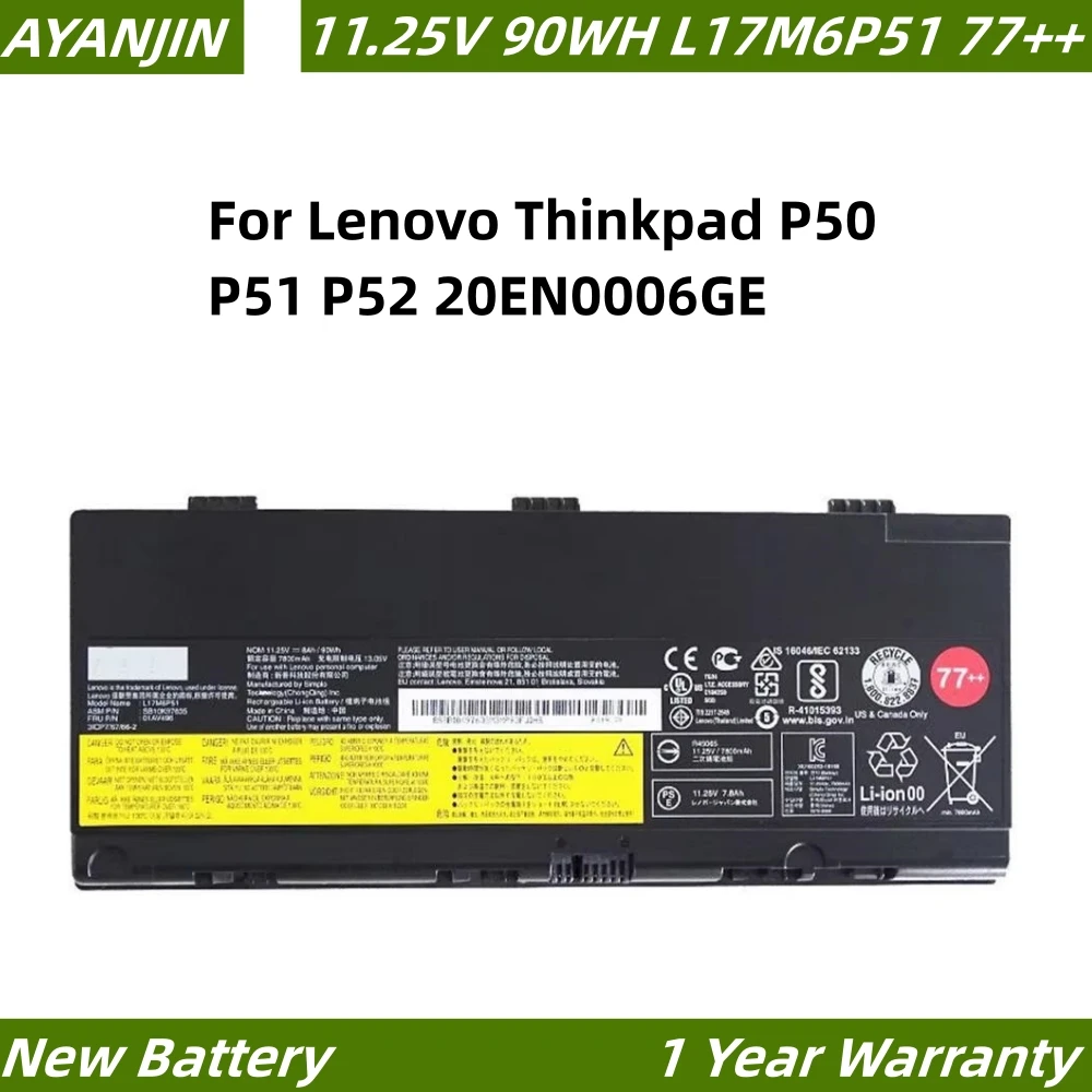 

L17M6P51 11.25V 90Wh Laptop Battery for Lenovo Thinkpad P50 P51 P52 20EN0006GE 77++ 01AV496 SB10K97635