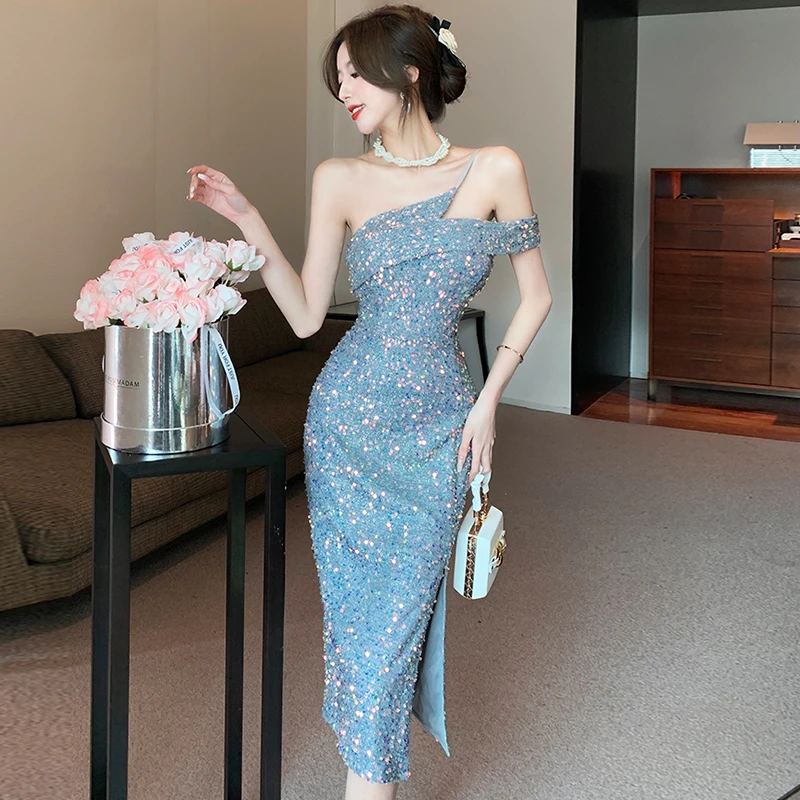 

Women French Vintage Elegant Party Dress Korean Style Sequin Dresses Lady Sexy Slim Evening Dress Nightclub Bodycon Vestidos