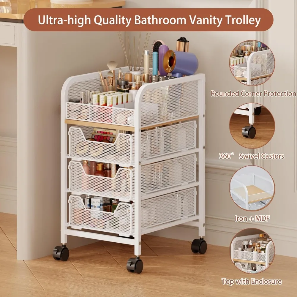 3-Drawer Rolling Makeup Cart with 4 Tiers, Slim Vanity Organizer for Cosmetics and Hair Tools in White