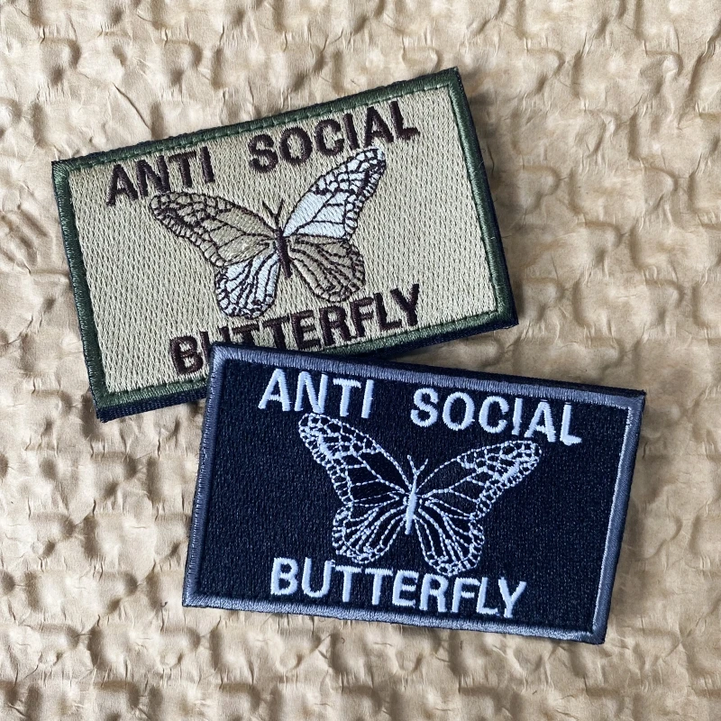 Anti-Social Butterfly Morale Badge Embroidered Patches Hook and Loop Tactical  Military Patch Accessories Cloth Backpack Sticker