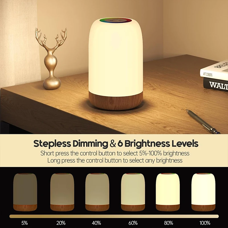 LED Touch Lamp with Dimmable RGB Colour,Wood Grain Table Lamp Timing Function,USB Rechargeable Night Light,for Bedroom Kids Deco