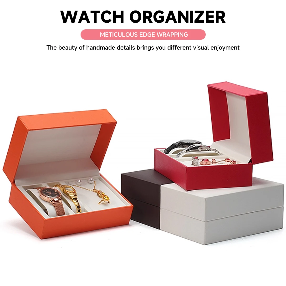 PU Wrist Watch Box Holder Organizer Storage Case Earring Necklace Ring Jewelry Display Container for Couple Watch Boxes Case