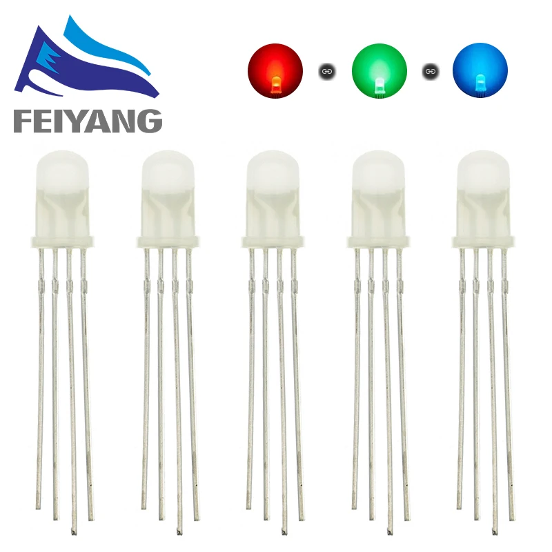 Lot de 50 LED RVB rouge/vert/bleu de 5 mm, diode lumineuse transparente, cathode/anode commune, 4 pieds,