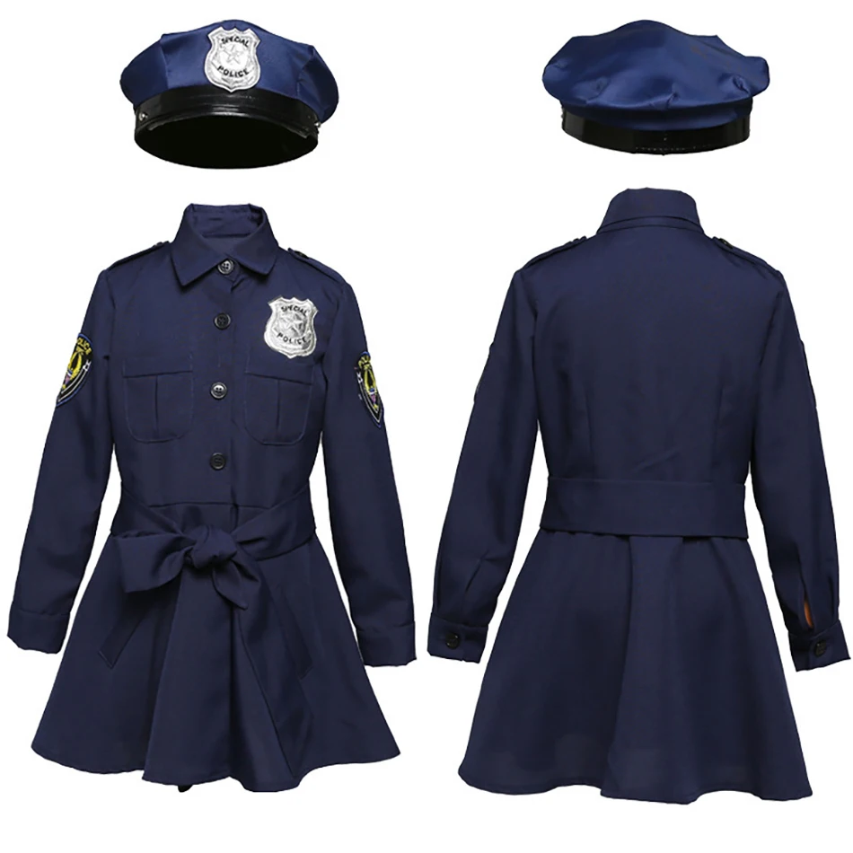 Stylish Girls Halloween Police Outfit Dress Up Kids Stage Performance Cosplay  Long Sleeves Uniform Dress Girls Dresses