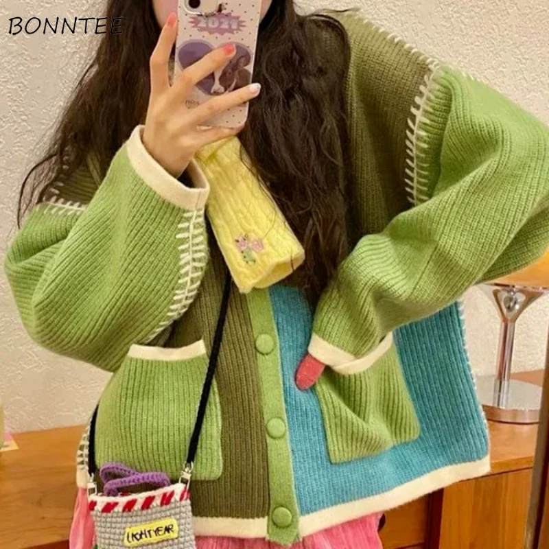 Cardigan Women Patchwork S-3XL Harajuku Casual Autumn Students Loose Sweater Daily Sweet Fashion Korean Style Retro Special Soft