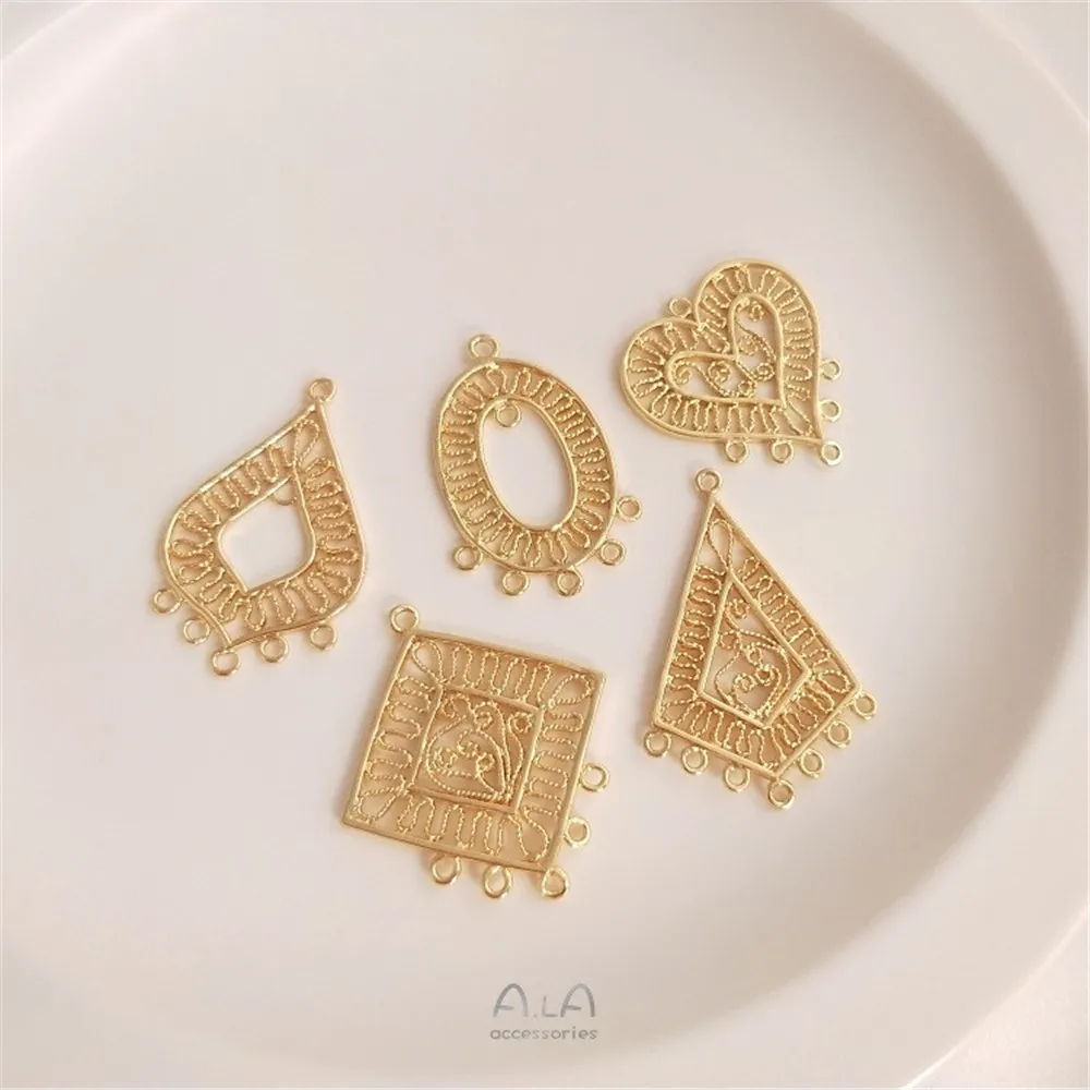 

Color Preservation 14K Gold Hollow Lace Geometric Heart-shaped Diamond Multi-ring Diy Tassel Earrings Jewelry Accessories