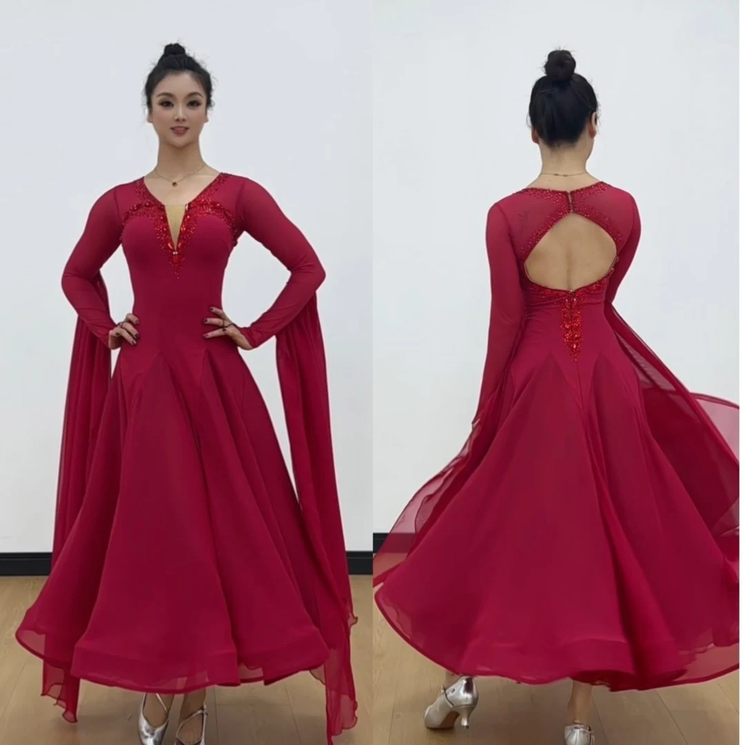 

Red Ballroom Dance Dress Long Sleeves Waltz Tango Dance Performance Clothes Fox-Trot Dance Clothing Competition Dress BL18391