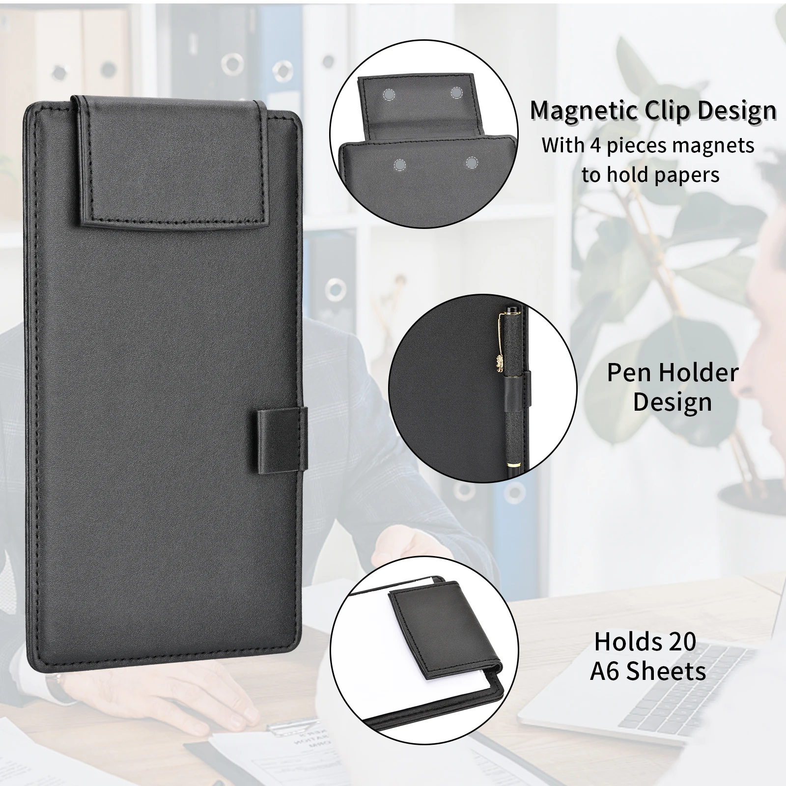 A6 Size Black Clamping Clip board PU Leather Menu Folder Hotel Restaurant Serving Hand-Held Writing Pad With Pen Holder