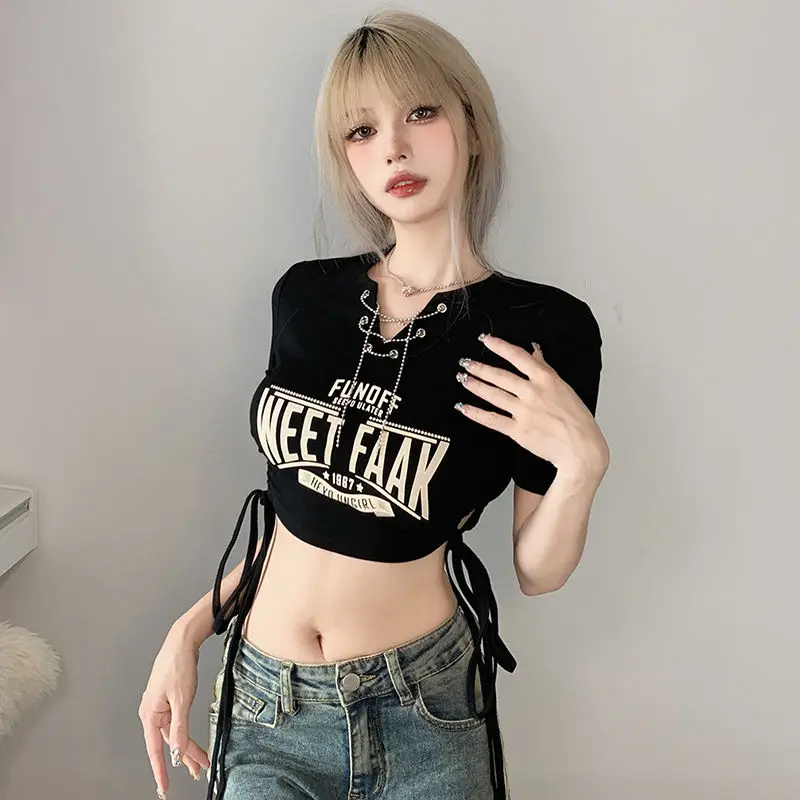 Hikigawa Chic Fashion Women Summer Vintage Chain V Neck Drawstring Slim Waist Letter Print T-Shirt Streetwear Y2k Crop Top Mujer