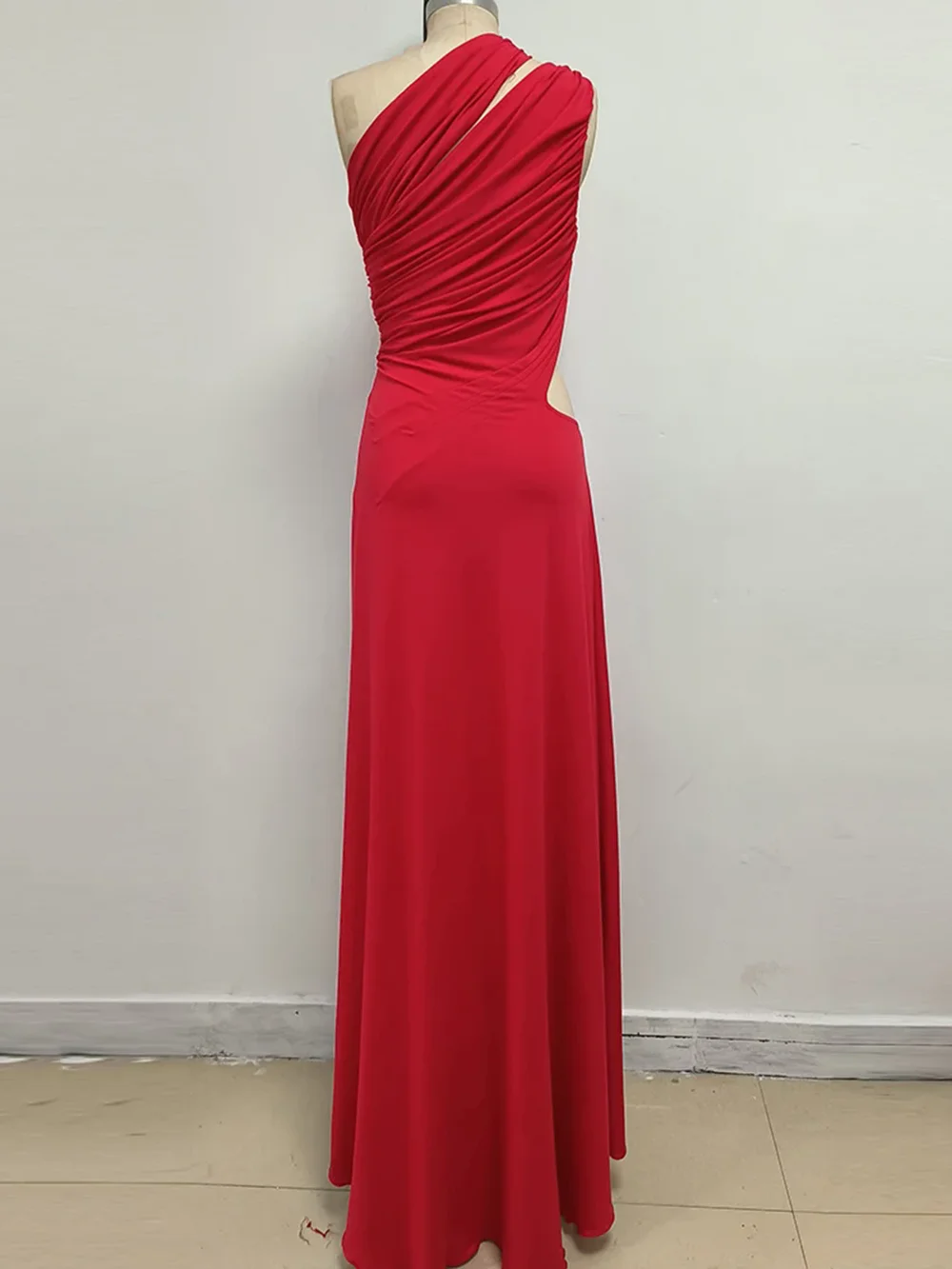 Modphy Robe de soirée longue rouge sexy à une épaule pour femme avec détail découpé pliable fente fluide élégante robe de soirée élégante