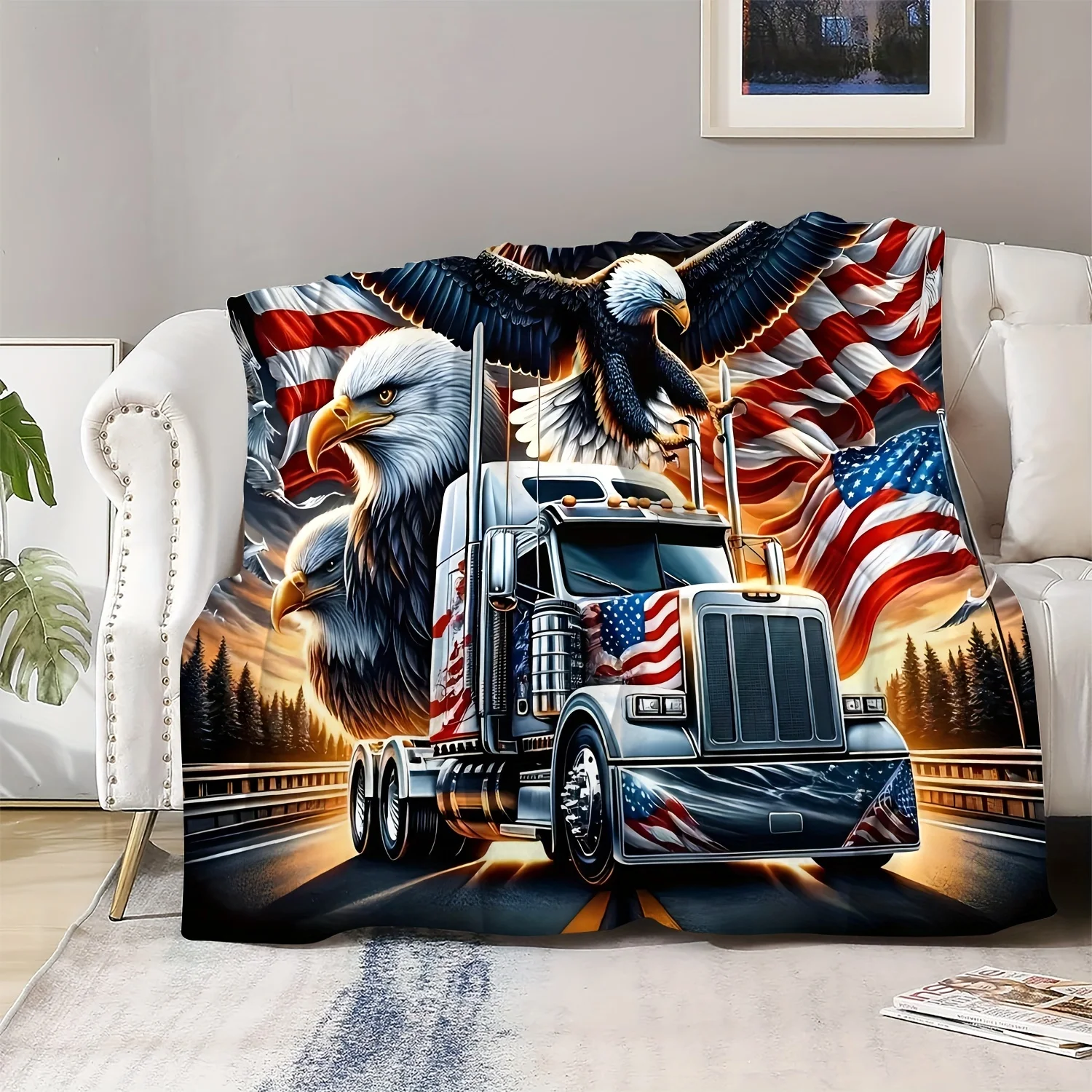 VIKAMA American Retro Patriotic Blanket Truck And Domineering Bald Eagle Flannel Car Bedroom Sofa Decoration