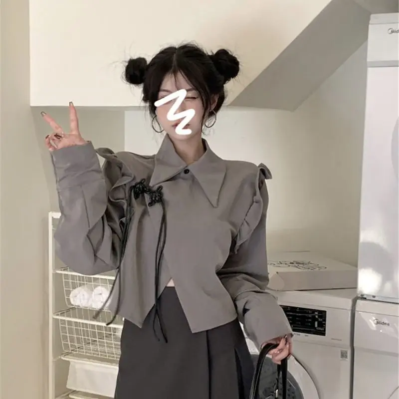 Flying Sleeves Shirts Women Chinese Knot Irregular Sweet Girls Solid Short Loose Design Office Chinese Style All-match Gentle