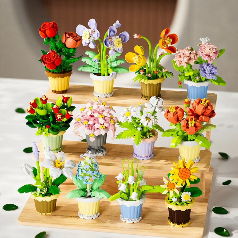 Building Block Toys for Lego Flowers Roses Sunflower Potted Plant Model Never Fade Flowers Interior Decorations 3D Puzzle Toys