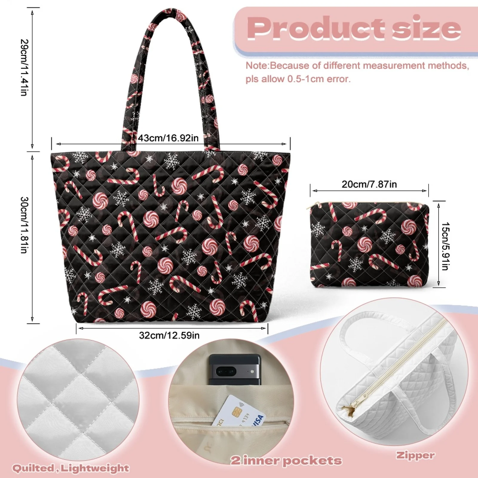 Coloranimal Candy Cane Print 2 Packs Quilted Tote Bags Portable Purses and Handbags Set for Excursions
