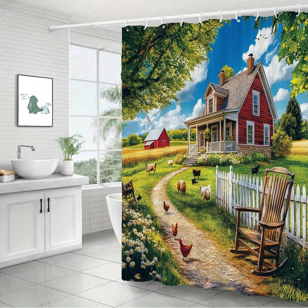 Beautiful Sunny Country Farmhouse With Chickens Sheep Cattle White Fence Garden Art Bath curtain Comfortable Warm Throw