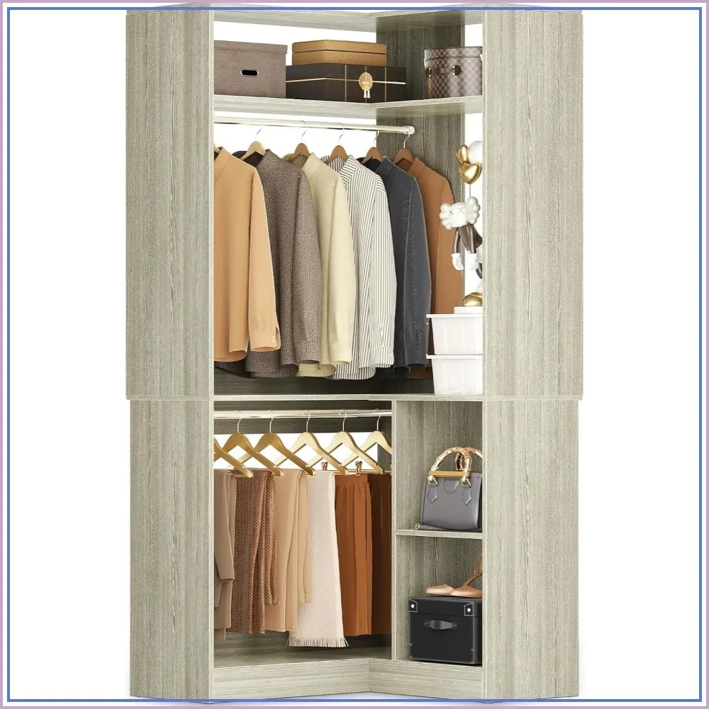 L Shaped Corner Closet System with Shelves, White Oak Walk-in Closet Organizer