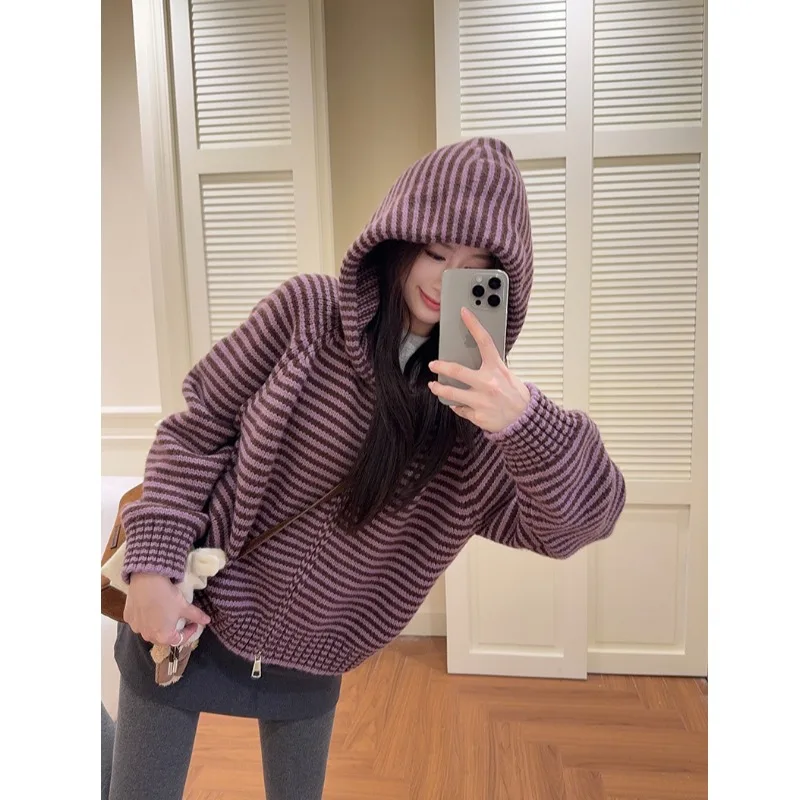 

Women's Long Sve Knitted Sweater Winter Stripe Zipper Hooded Warm Coat Casual Faion Breathable Moisture ng
