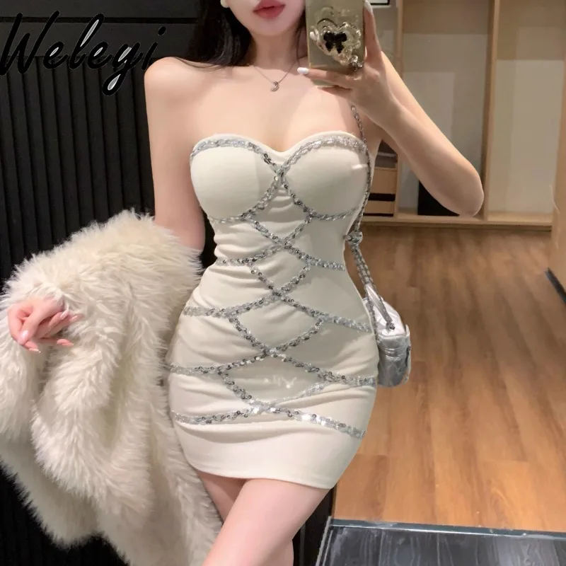 Hot Girl Club Lovertjes Tube Top Bodycon Jurk Vrouw 2024 Herfst Winter Nieuwe Franse Sexy Innerlijke Fit Afslanken Hip Jurken vestidos