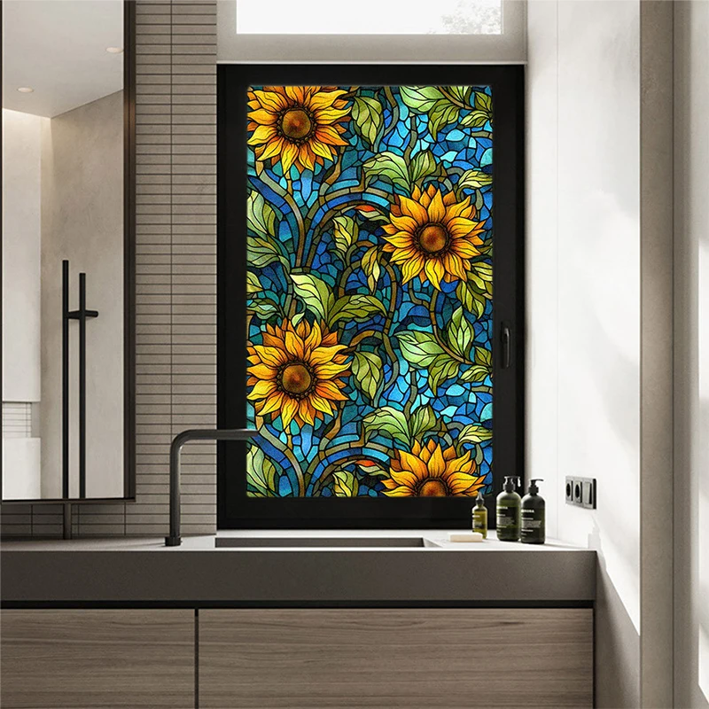 Colorful Vintage Flower Birds Door Window Film PVC Static Adsorption Glass Sticker Removable Window Privacy Film Home Decor