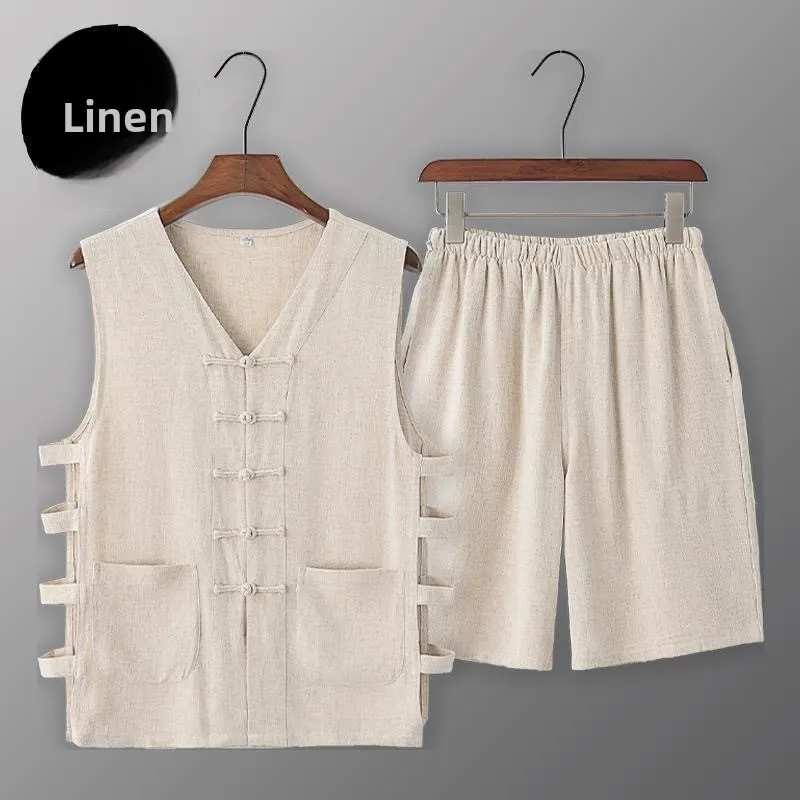 Tagkita Men's Summer Loose Breathable Thin Short-sleeved Vest And Shorts Set Button-Up Retro  Casual Ethnic Wear