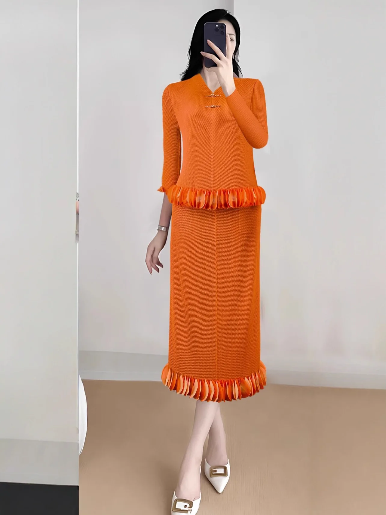 

Miyake французский темперамент элегантный модный простой трехмерный комплект для сращивания осенний новый тонкий однотонный комплект из двух предметов для женщин