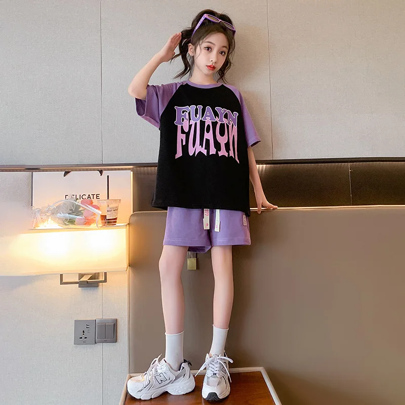 Teen Girls Summer Outfits New Color Blocking Letter Print Short Sleeves T-shirt+Shorts 2Pcs/Sets Kids Clothes Casual Tracksuits