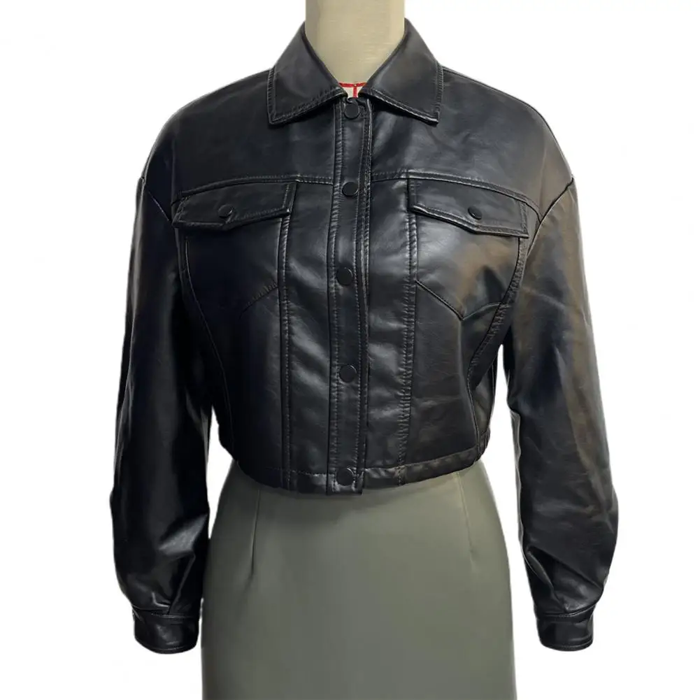 Capable Faux Leather Outerwear Stylish Women's Windproof Faux Leather Motorcycle Jacket with Slim Fit Chest Pocket Long for A